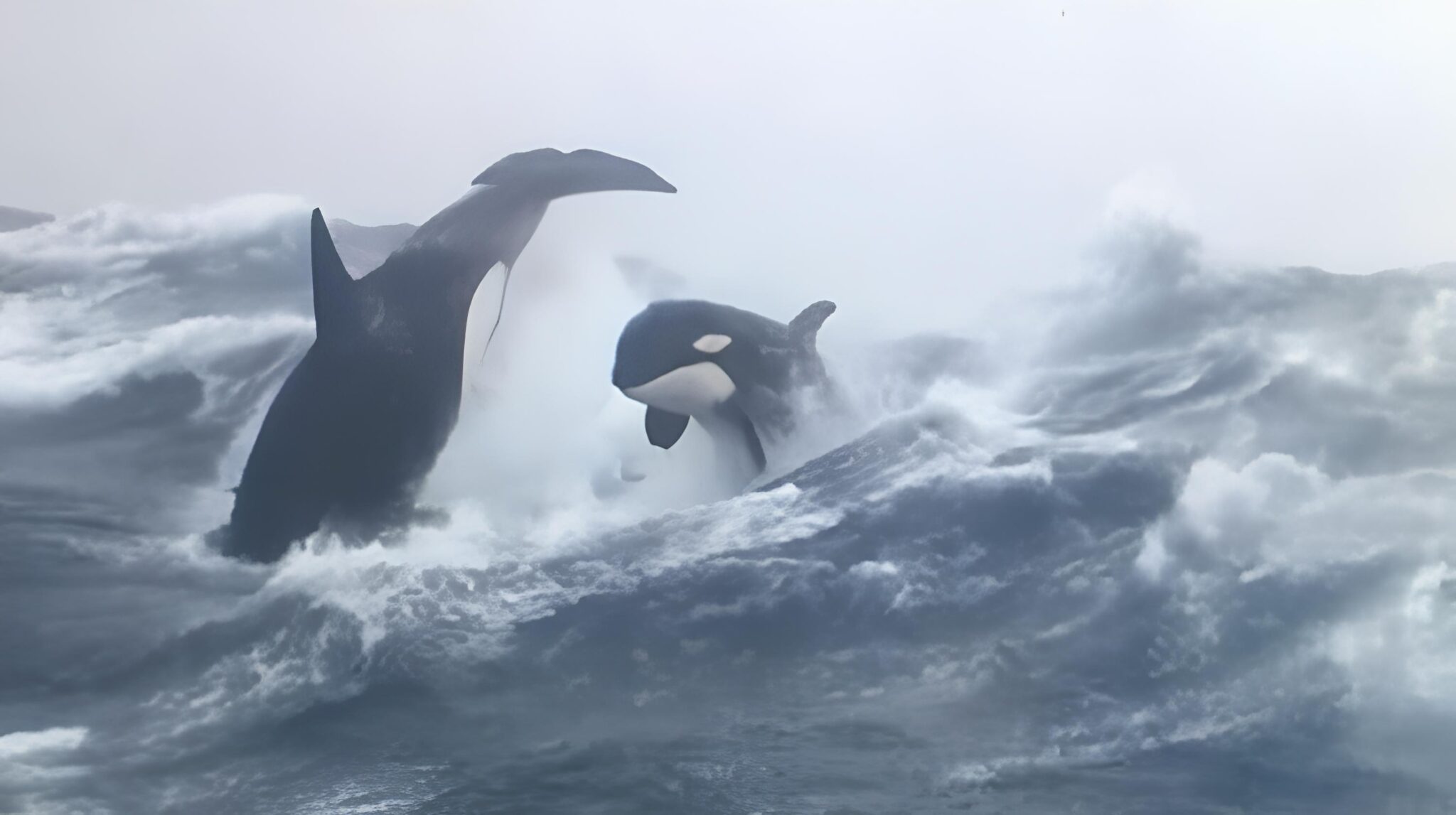 Orcas Breaching in Rough Seas Majestic Beauty